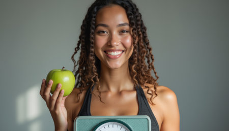 Smiling woman holding a green apple and a scaleの素材