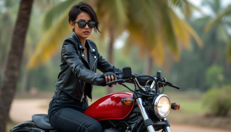 Confident woman riding a stylish motorcycle in a tropical settingの素材