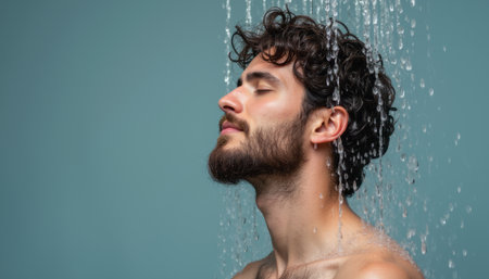 Man enjoying a refreshing shower under cascading waterの素材