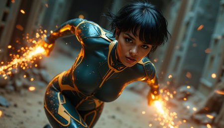 Dynamic female superhero in actionの素材