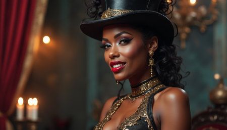 Elegant woman in a top hat exuding confidence and charmの素材