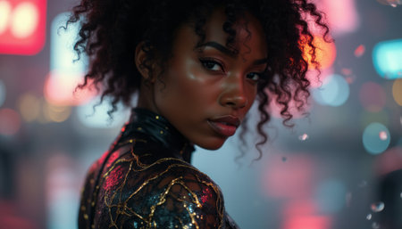 Confident woman with curly hair in a shimmering outfitの素材