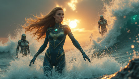 Heroic figure emerging from ocean waves at sunsetの素材