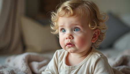 Adorable baby with curly hair gazing thoughtfullyの素材