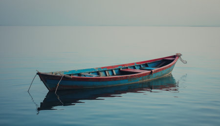 Solitary boat floating on calm watersの素材