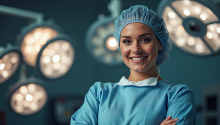 Confident female surgeon smiling in an operating roomの素材
