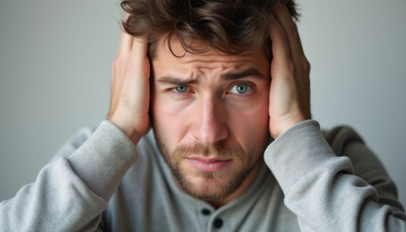 Man expressing frustration with hands on headの素材