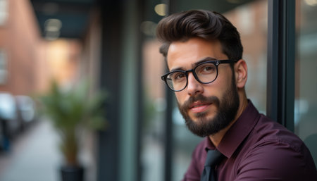Confident man with glasses and beard in urban settingの素材