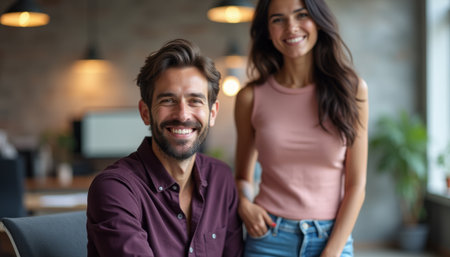 Cheerful young professionals smiling in a modern officeの素材