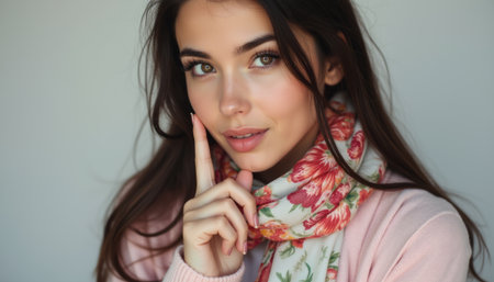 Thoughtful woman with floral scarfの素材