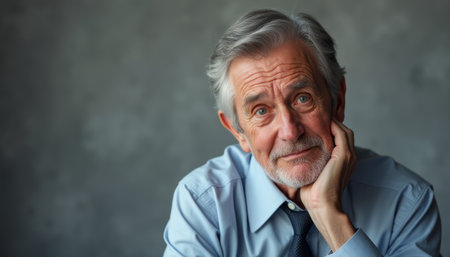 Thoughtful elderly man with a gentle smileの素材