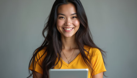 Smiling young woman holding a tabletの素材