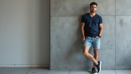 Stylish man posing against a modern concrete wallの素材