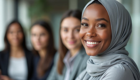 Confident woman in hijab smiling among diverse colleaguesの素材