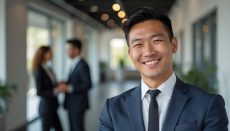 Confident businessman smiling in modern office settingの素材