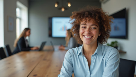 Confident woman smiling in a modern office settingの素材