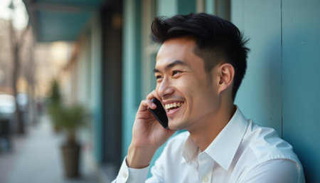 Cheerful man talking on the phoneの素材