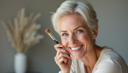 Smiling woman applying makeup with a brushの素材