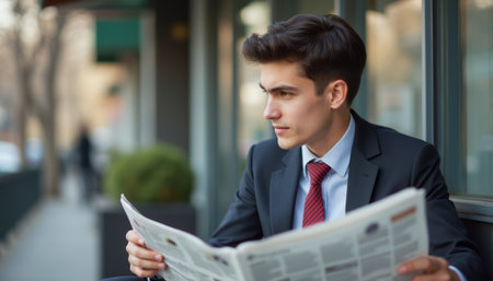 Young man in a suit reading a newspaper thoughtfullyの素材
