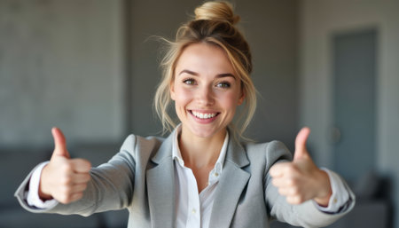 Cheerful woman giving thumbs up in a stylish office settingの素材