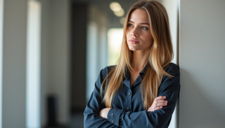 Thoughtful woman in a modern office settingの素材