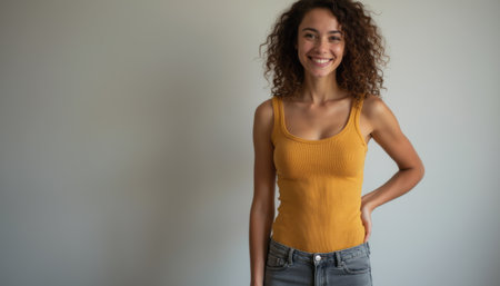 Cheerful young woman in a yellow tank topの素材