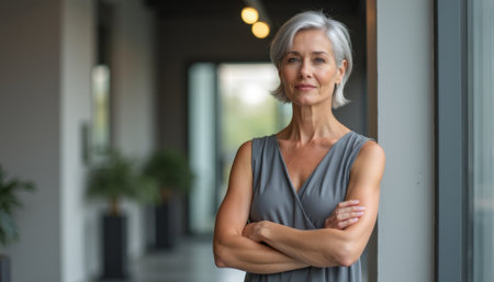 Confident mature woman with silver hair standing in modern interiorの素材