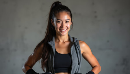 Confident young woman in fitness attire smilingの素材