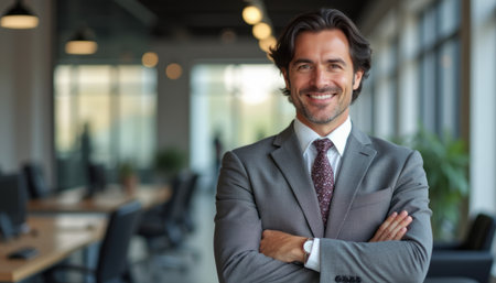 Confident businessman smiling in a modern officeの素材