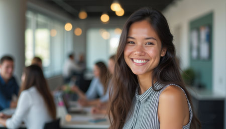 Cheerful woman smiling in a modern office settingの素材