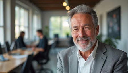 Confident senior businessman smiling in a modern officeの素材