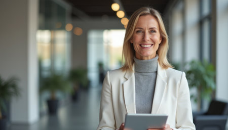 Confident businesswoman smiling while holding a tabletの素材