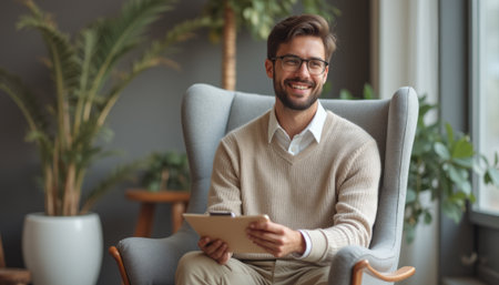 Smiling man in cozy sweater enjoying a tablet in a stylish armchairの素材