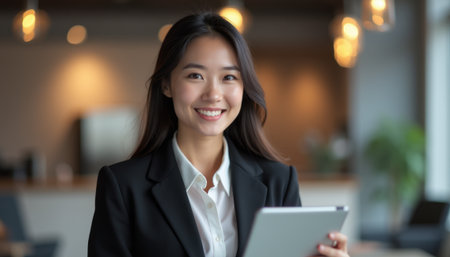Confident businesswoman smiling while holding a tabletの素材
