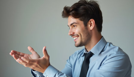 Smiling man gesturing with open handsの素材