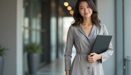 Confident businesswoman smiling in a modern office hallwayの素材
