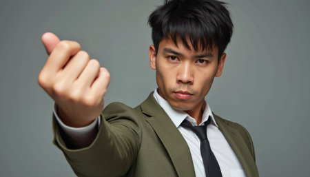 Confident businessman gesturing assertivelyの素材