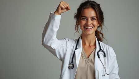 Confident female doctor celebrating successの素材
