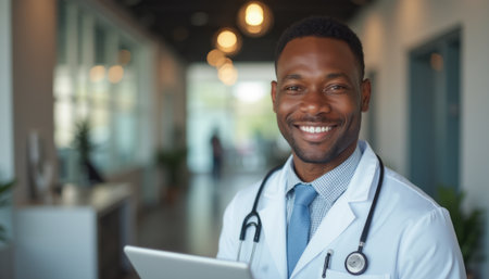 Confident male doctor smiling with a tablet in a modern clinicの素材