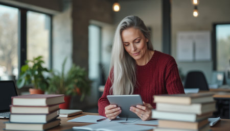 Woman reading on a tablet surrounded by books in a cozy workspaceの素材
