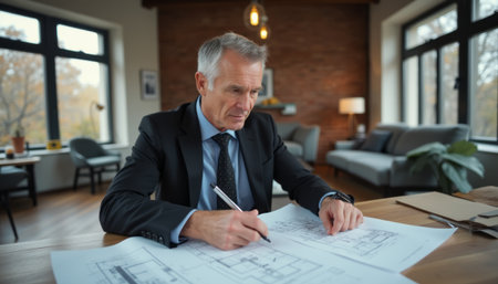 Focused architect reviewing blueprints in a modern officeの素材