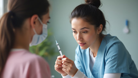 Healthcare professional preparing a syringe for a patientの素材