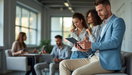 Focused professionals engaged in a modern office settingの素材
