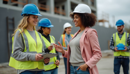 Women in hard hats collaborating on a construction siteの素材