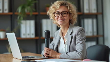 Confident woman with microphone in modern officeの素材