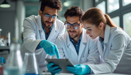 Collaborative scientists analyzing data on a tabletの素材