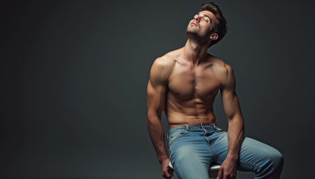 Confident young man posing shirtless in stylish jeansの素材