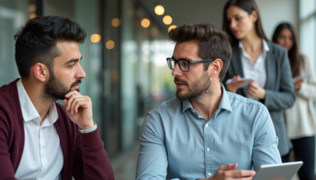 Two men engaged in a deep conversation in a modern officeの素材