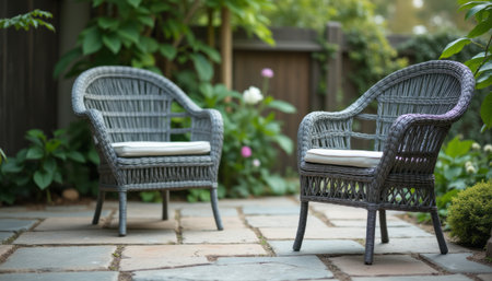Charming wicker chairs in a serene garden settingの素材
