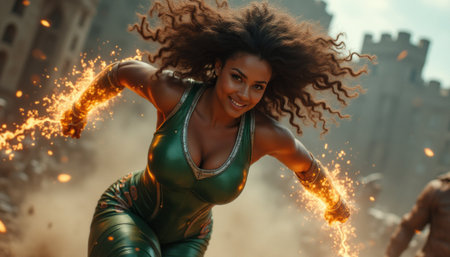 Dynamic superheroine in action with fiery energyの素材